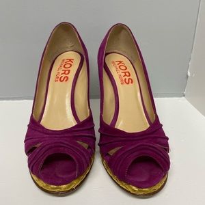 Magenta and gold heels